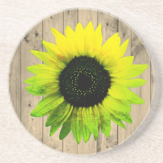 Zonnebloem op Rustisch Hout Zandsteen Onderzetter (Voorkant)