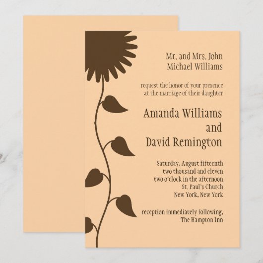 Zonnebloem op uitnodiging voor peach Wedding (Voorkant / Achterkant)