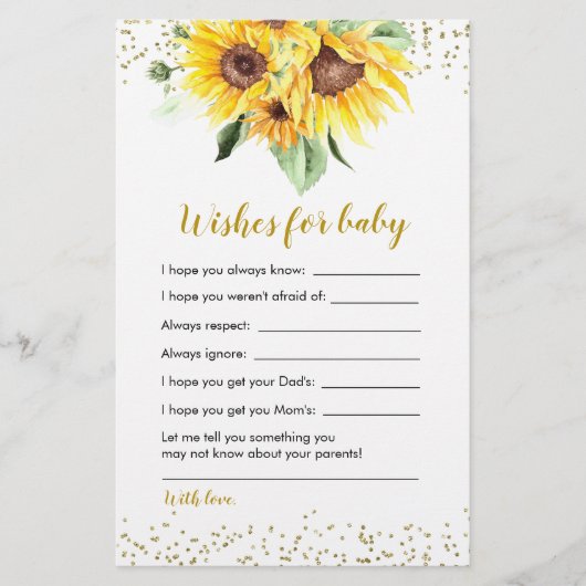 Zonnebloem op weg Baby shower Wensen voor Baby (Voorkant)
