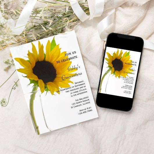 Zonnebloem op White Quinceañera Party Kaart
