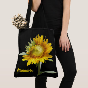 Zonnebloem op zwart, gepersonaliseerd tote bag