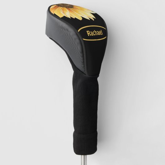 Zonnebloem op zwart gepersonaliseerde dame golfheadcover (Schuin)