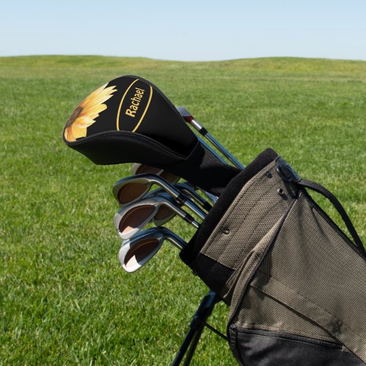 Zonnebloem op zwart gepersonaliseerde dame golfheadcover (Insitu)