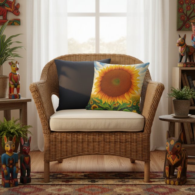 Zonnebloem Outdoor Kussens - Whimsical Art Print (Large sunflower throw pillow.)