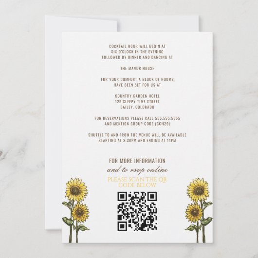 Zonnebloem paar bruiloft uitnodiging met details (Achterkant)