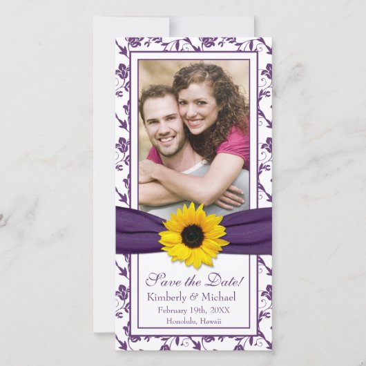 Zonnebloem Paars Floral Ribbon Foto Save the Date (Voorkant)