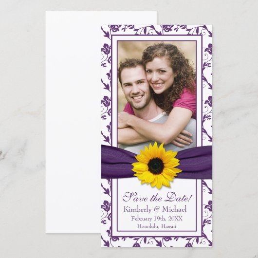 Zonnebloem Paars Floral Ribbon Foto Save the Date (Voorkant / Achterkant)
