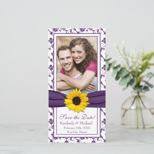 Zonnebloem Paars Floral Ribbon Foto Save the Date (Staand voorkant)