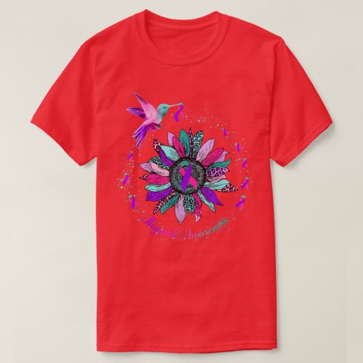 Zonnebloem Paarse Blauwgroen roze lint Thyr T-shirt (Design voorkant)
