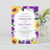Zonnebloem Paarse Bloemen Border Wedding Kaart (Staand voorkant)