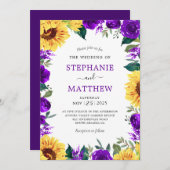 Zonnebloem Paarse Bloemen Border Wedding Kaart (Voorkant / Achterkant)