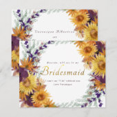 Zonnebloem paarse bloemengouden script bruidsmeisj kaart (Voorkant / Achterkant)