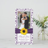 Zonnebloem Paarse bloemlint bruiloft dank u Bedankkaart (Staand voorkant)