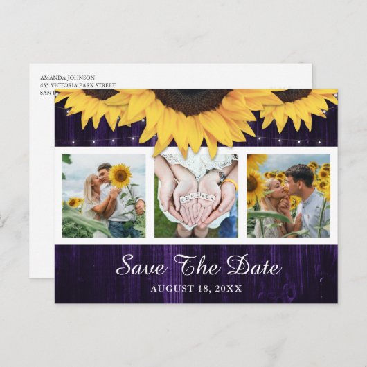 Zonnebloem Paarse bruiloft foto opslaan van de dat Aankondigingskaart (Voorkant / Achterkant)