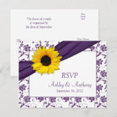 Zonnebloem Paarse Damast Bruiloft RSVP Briefkaart (Voorkant / Achterkant)