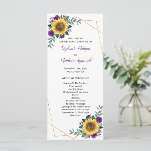 Zonnebloem Paarse Floral Geometric Wedding Programmakaart (Staand voorkant)