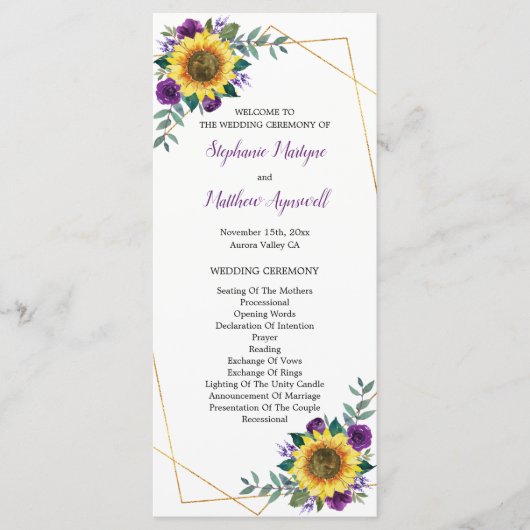 Zonnebloem Paarse Floral Geometric Wedding Programmakaart (Voorkant)