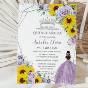 Zonnebloem Paarse Floral Princess Gown Quinceañera Kaart