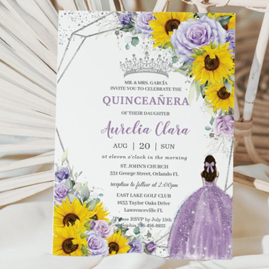 Zonnebloem Paarse Floral Princess Gown Quinceañera Kaart