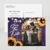 Zonnebloem Paarse Hout Trouwfoto Bewaar de datum Aankondigingskaart (Voorkant / Achterkant)