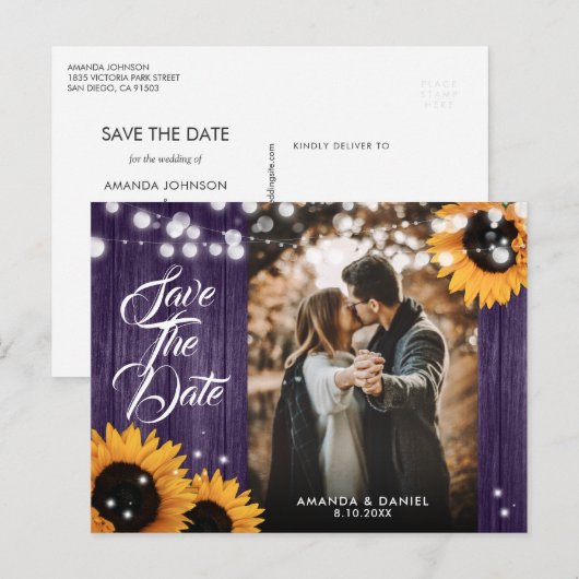 Zonnebloem Paarse Hout Trouwfoto Bewaar de datum Aankondigingskaart (Voorkant / Achterkant)