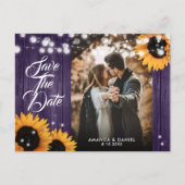Zonnebloem Paarse Hout Trouwfoto Bewaar de datum Aankondigingskaart (Voorkant)