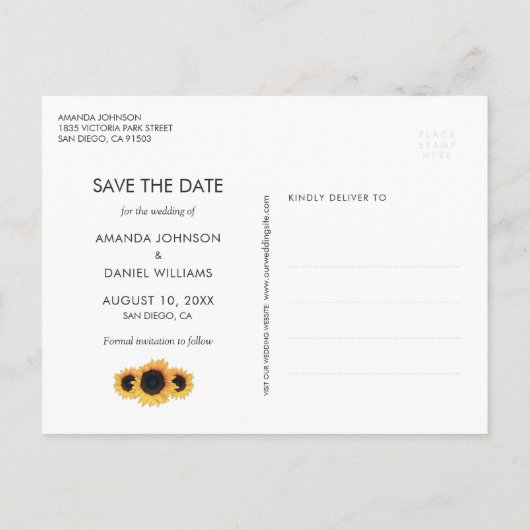 Zonnebloem Paarse Houten Huwelijksfoto Save The Da Aankondigingskaart (Achterkant)