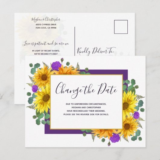 Zonnebloem Paarse Rozen Bruiloft Verander de datum Aankondigingskaart (Voorkant / Achterkant)