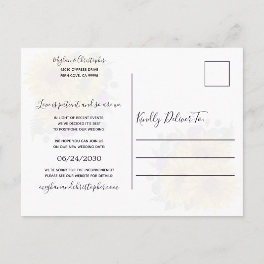 Zonnebloem Paarse Rozen Bruiloft Verander de datum Aankondigingskaart (Achterkant)