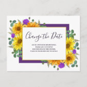 Zonnebloem Paarse Rozen Bruiloft Verander de datum Aankondigingskaart (Voorkant)