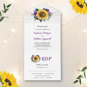 Zonnebloem Paarse Rozen Licht Floral Weddenschap All In One Uitnodiging