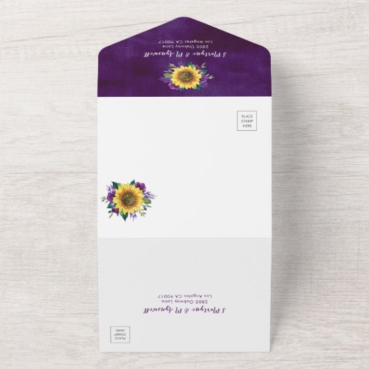 Zonnebloem Paarse Rozen Licht Floral Weddenschap All In One Uitnodiging (Buitenkant)