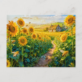 Zonnebloem Pad Cottage met Kat en Bloeiende Mea Briefkaart
