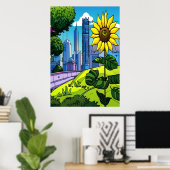 Zonnebloem, park en stad | AI Art Poster (Thuiskantoor)