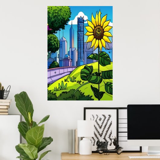 Zonnebloem, park en stad | AI Art Poster (Thuiskantoor)