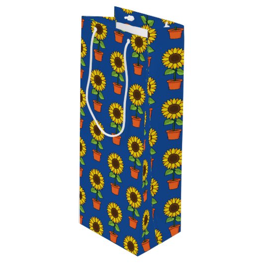 Zonnebloem Plant in een potpatroon Wijn Cadeautas (Voorkant Gekanteld)