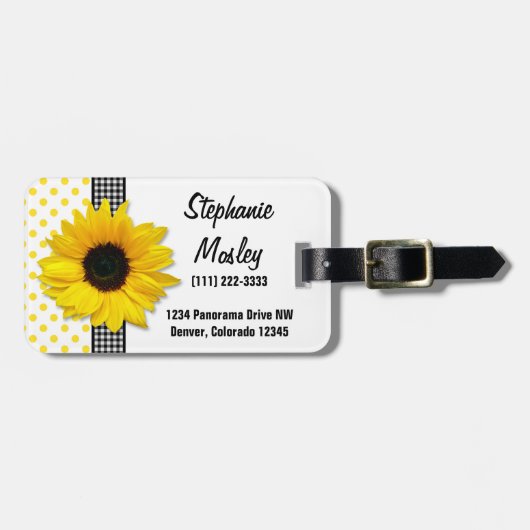 Zonnebloem Polka Dot Gingham Geel Zwart Wit Bagagelabel (Voorkant horizontaal)