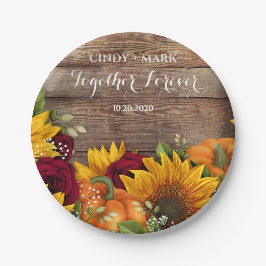 Zonnebloem, Pompoen & Rozen Bruiloft Borden Papieren Bordje (Voorkant)