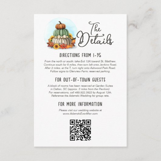 Zonnebloem pompoen rustieke land bruiloft details informatiekaartje (Voorkant)