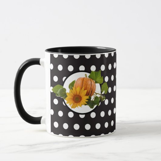 Zonnebloem & Pompoen Wit-Zwarte Stippen Mok (Links)