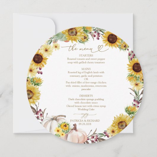 Zonnebloem Pumpkin Circle Wedding Menu Kaart (Voorkant)