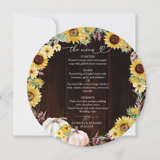 Zonnebloem Pumpkin Circle Wedding Menu Kaart (Voorkant)