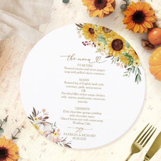 Zonnebloem Pumpkin Circle Wedding Menu Kaart