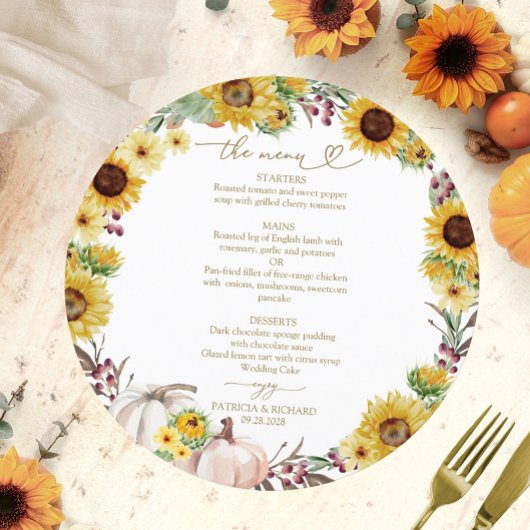 Zonnebloem Pumpkin Circle Wedding Menu Kaart