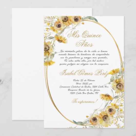 Zonnebloem Quinceañera uitnodiging (Voorkant / Achterkant)