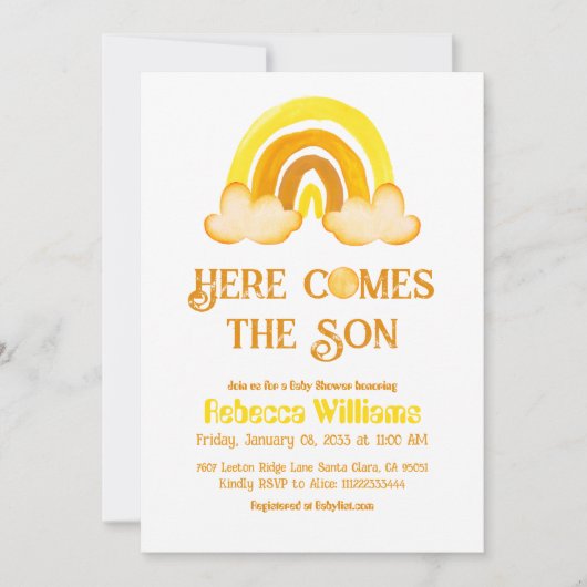 Zonnebloem Regenboog Hier Komt de Zoon Baby Shower Kaart (Voorkant)
