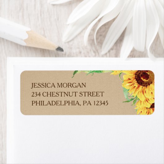 Zonnebloem retouradres label bruiloft (Insitu)