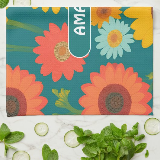 Zonnebloem Retro Kleurrijk Gepersonaliseerd Patroo Theedoek (Gevouwen)