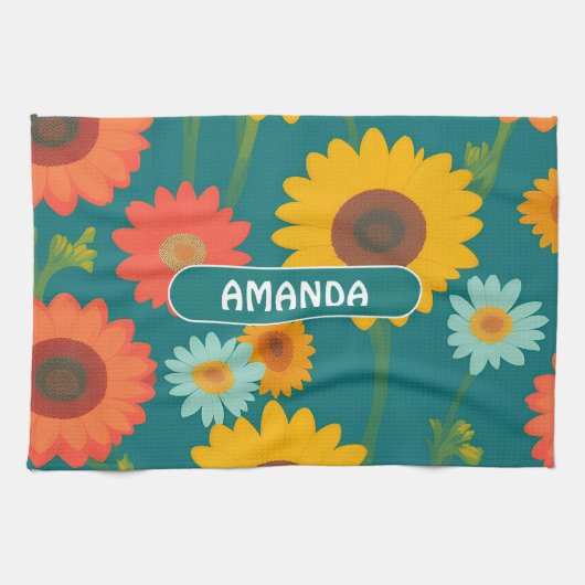 Zonnebloem Retro Kleurrijk Gepersonaliseerd Patroo Theedoek (Horizontaal)