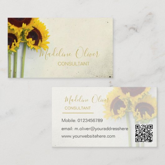 Zonnebloem Robuust Matig QR-code Stijlvol goud Visitekaartje (Voorkant / Achterkant)